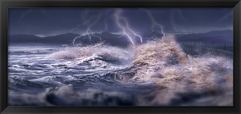 Framed Storm waves hitting concrete Print