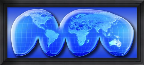 Framed Map of World from Goode&#39;s Homolosine Projection (blue) Print
