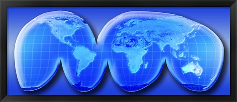 Framed Map of World from Goode&#39;s Homolosine Projection (blue) Print