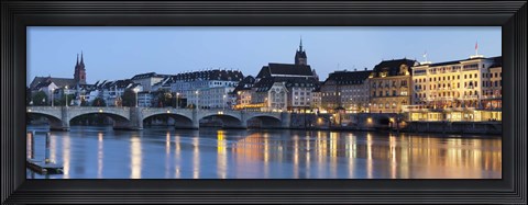 Framed Bridge across a river with a cathedral, Mittlere Rheinbrucke, St. Martin&#39;s Church, River Rhine, Basel, Switzerland Print