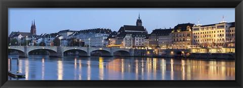 Framed Bridge across a river with a cathedral, Mittlere Rheinbrucke, St. Martin&#39;s Church, River Rhine, Basel, Switzerland Print