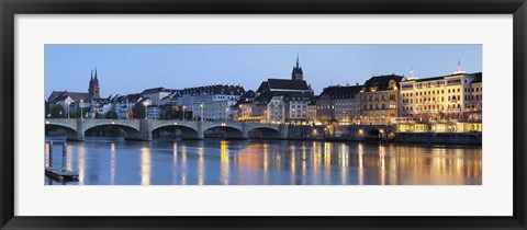 Framed Bridge across a river with a cathedral, Mittlere Rheinbrucke, St. Martin&#39;s Church, River Rhine, Basel, Switzerland Print