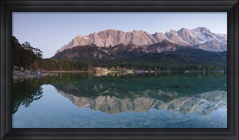 Framed Wetterstein Mountains, Zugspitze Mountain and Eibsee Hotel reflecting in Lake Eibsee, Bavaria, Germany Print