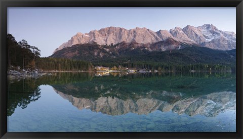 Framed Wetterstein Mountains, Zugspitze Mountain and Eibsee Hotel reflecting in Lake Eibsee, Bavaria, Germany Print