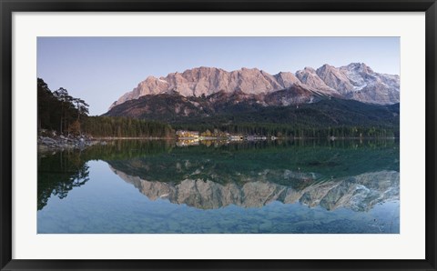 Framed Wetterstein Mountains, Zugspitze Mountain and Eibsee Hotel reflecting in Lake Eibsee, Bavaria, Germany Print
