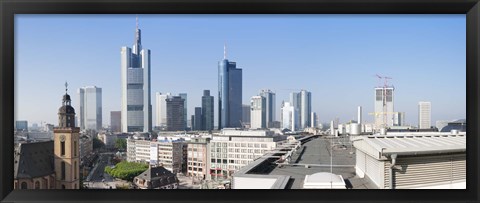 Framed City skyline with St. Catherine&#39;s Church from over the rooftop of the Cathedral Museum, Frankfurt, Hesse, Germany Print