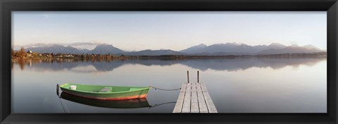 Framed Rowboat moored at a jetty on Lake Hopfensee, Ostallgau, Bavaria, Germany Print