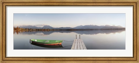 Framed Rowboat moored at a jetty on Lake Hopfensee, Ostallgau, Bavaria, Germany Print