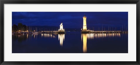 Framed Harbor at Night, Lindau, Lake Constance, Bavaria, Germany Print