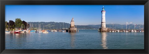 Framed Entrance of the harbor with the Bavarian lion and the lighthouse, Lindau, Lake Constance, Bavaria, Germany Print