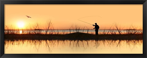 Framed Silhouette of a man fishing Print