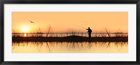 Framed Silhouette of a man fishing Print