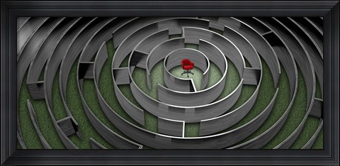 Framed Red chair in middle of maze Print