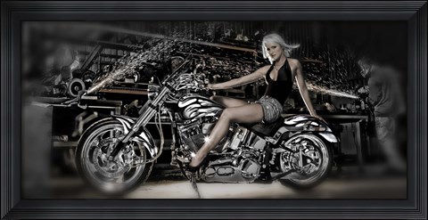 Framed Female model with a motorcycle in a workshop Print