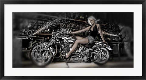 Framed Female model with a motorcycle in a workshop Print