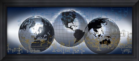Framed Three globes with electronic diagram Print