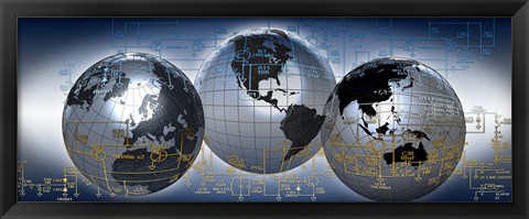 Framed Three globes with electronic diagram Print