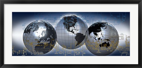 Framed Three globes with electronic diagram Print