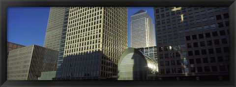 Framed Low angle view of towers, Canary Wharf Tower, South Quay, Isle of Dogs, London, England Print