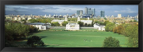 Framed Aerial view of a city, Canary Wharf, Greenwich Park, Greenwich, London, England 2011 Print