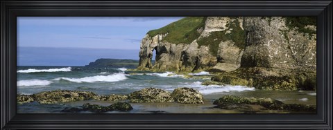 Framed Rock formations on the beach, Whiterocks Beach, Portrush, County Antrim, Northern Ireland Print