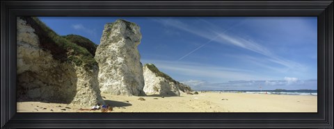 Framed Rock formations on the beach, White Rock Bay, Portrush, County Antrim, Northern Ireland Print