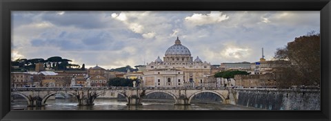 Framed Arch bridge across Tiber River with St. Peter&#39;s Basilica in the background, Rome, Lazio, Italy Print