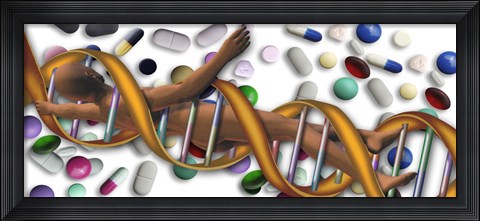 Framed DNA surrounded by pills Print