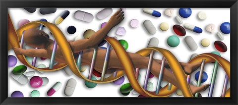 Framed DNA surrounded by pills Print
