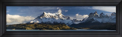 Framed Lake in front of mountains, Lake Pehoe, Cuernos Del Paine, Paine Grande, Torres del Paine National Park, Chile Print
