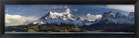 Framed Lake in front of mountains, Lake Pehoe, Cuernos Del Paine, Paine Grande, Torres del Paine National Park, Chile Print