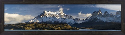 Framed Lake in front of mountains, Lake Pehoe, Cuernos Del Paine, Paine Grande, Torres del Paine National Park, Chile Print