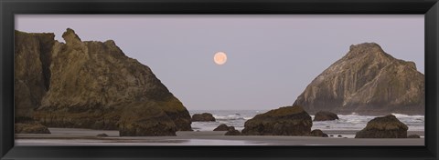 Framed Sea stacks and setting moon at dawn, Bandon Beach, Oregon, USA Print