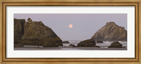 Framed Sea stacks and setting moon at dawn, Bandon Beach, Oregon, USA Print