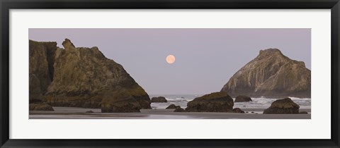 Framed Sea stacks and setting moon at dawn, Bandon Beach, Oregon, USA Print