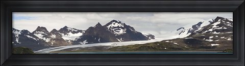 Framed Bay in front of snow covered mountains, Grace Glacier, Salisbury Plain, Bay of Isles, South Georgia Island Print