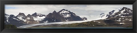 Framed Bay in front of snow covered mountains, Grace Glacier, Salisbury Plain, Bay of Isles, South Georgia Island Print