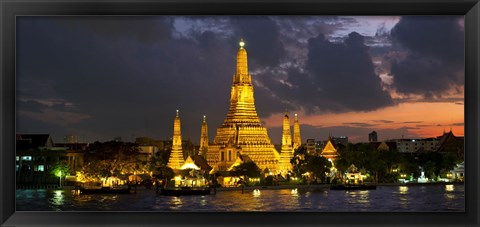 Framed Buddhist temple lit up at dawn, Wat Arun, Chao Phraya River, Bangkok, Thailand Print