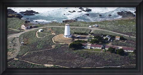 Framed Aerial view of Piedras Blancas Lighthouse on the coast, San Luis Obispo County, California, USA Print
