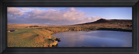 Framed Pond and warm evening light at Sharpitor, Dartmoor, Devon, England Print