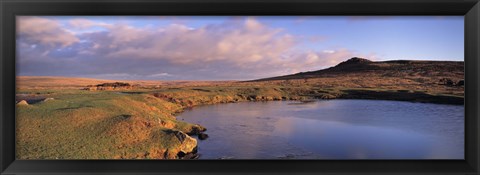 Framed Pond and warm evening light at Sharpitor, Dartmoor, Devon, England Print