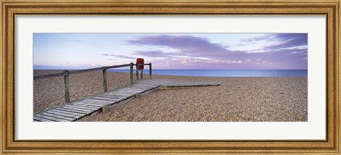 Framed Boardwalk on the beach at dawn, Chesil Beach, Jurassic Coast, Dorset, England Print