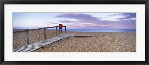 Framed Boardwalk on the beach at dawn, Chesil Beach, Jurassic Coast, Dorset, England Print