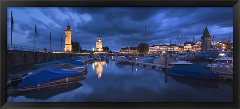 Framed Harbor at dusk, Lindau, Lake Constance, Bavaria, Germany Print