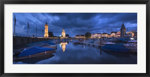 Framed Harbor at dusk, Lindau, Lake Constance, Bavaria, Germany Print