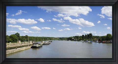Framed Container ships at a canal lock, Neckar River, Lauffen am Neckar, Baden-Wurttemberg, Germany Print