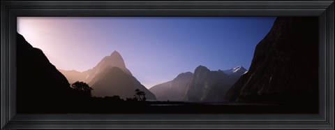 Framed Mountain range at water&#39;s edge, Milford Sound, Fiordland National Park, South Island, New Zealand Print