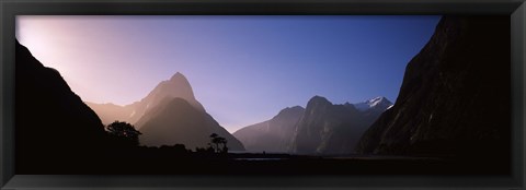 Framed Mountain range at water&#39;s edge, Milford Sound, Fiordland National Park, South Island, New Zealand Print