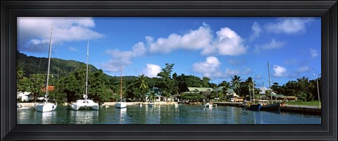 Framed Yachts and small fishing boats at the harbor on La Digue Island, Seychelles Print