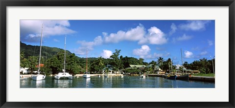 Framed Yachts and small fishing boats at the harbor on La Digue Island, Seychelles Print